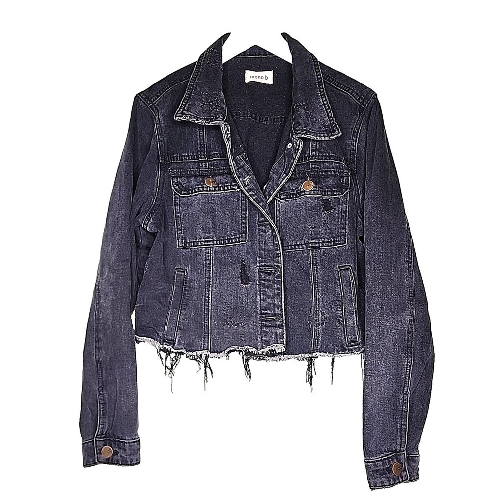 Mono B Black Denim Trucker Jean Jacket Crop Frayed Hem Distressed Biker Grunge L